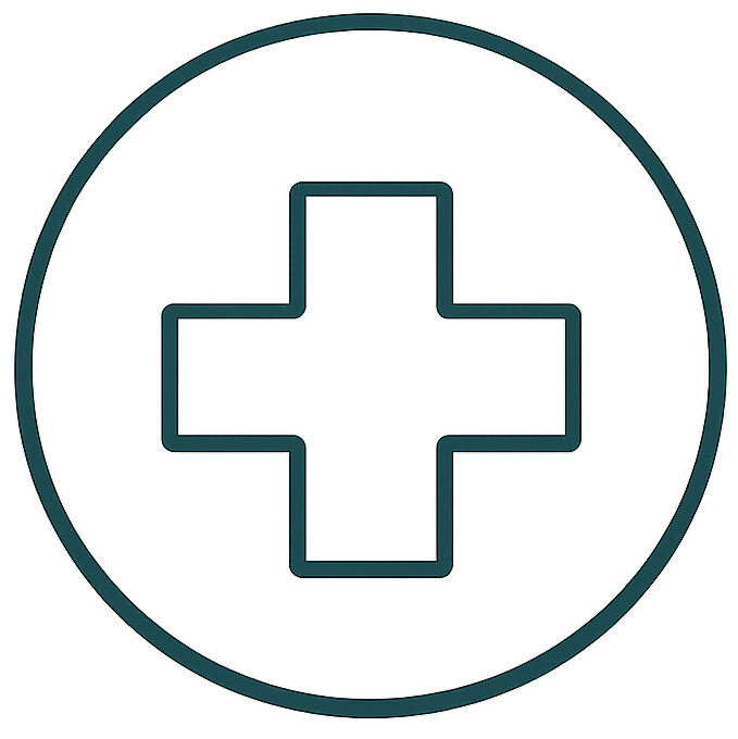 Medical cross symbol enclosed in a circle.