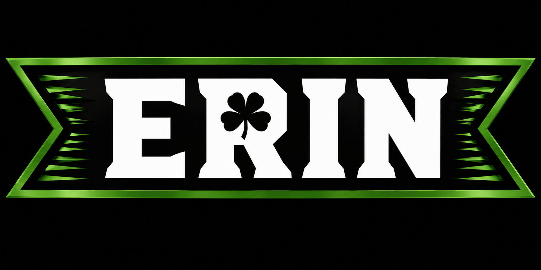 A black banner with green outline and accents, displaying the word ERIN in large white block letters, with a black shamrock in place of the letter I.