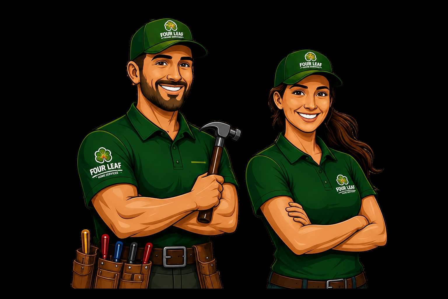 Digital illustration of a man and woman in green uniforms with