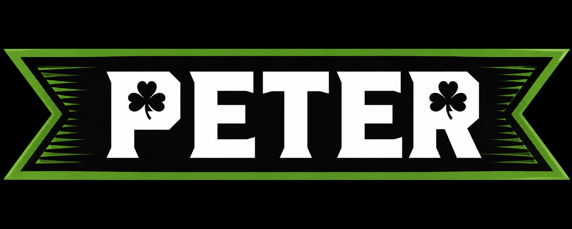 St. Patrick's Day-themed banner with the word 'PEEER' in bold white letters on a black background, framed by a green border with a pattern of green and black lines, featuring three-leaf clovers.