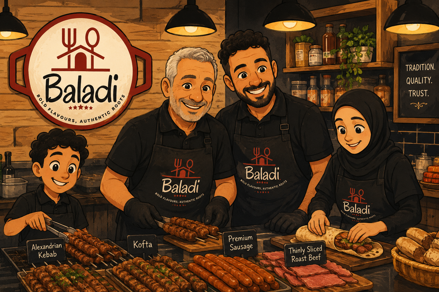 Illustration of four people working at a food stand, with a large Baladi sign in the background. Two men are in the center, smiling and preparing food, with one man holding skewers of sausage. A boy on the left is holding skewers of food, and a woman on the right, wearing a hijab, is preparing a wrap sandwich. The food items displayed include Alexandria Kebab, Kofta, Premium Sausage, and Thinly Sliced Roast Beef, with labels in front of each. Shelves with jars and a blackboard with the words 'Tradition, Quality, Trust' are visible in the background.