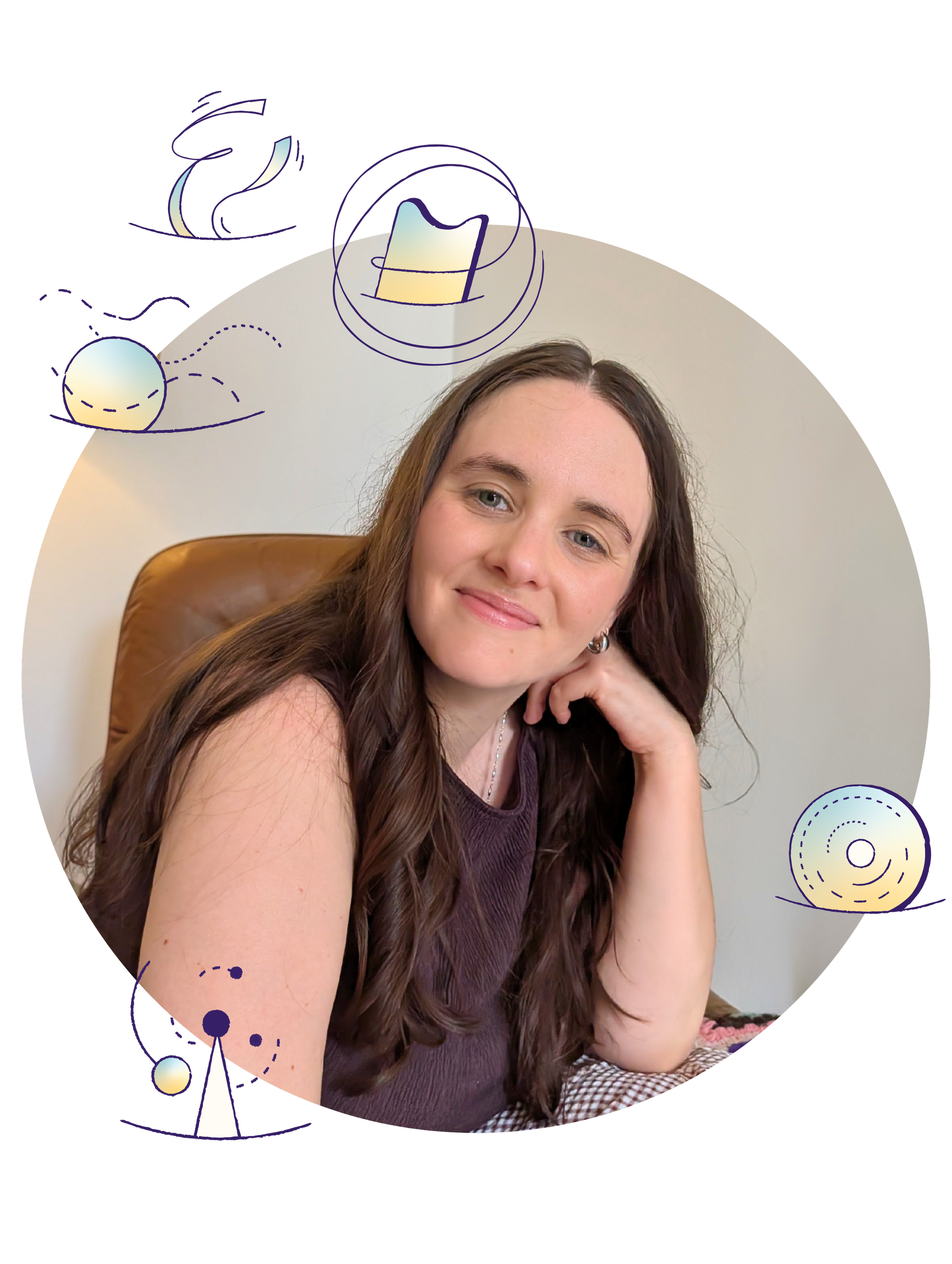 Portrait de Juliette, fondatrice de Karta, souriant face à la caméra, avec des illustrations graphiques colorées.
