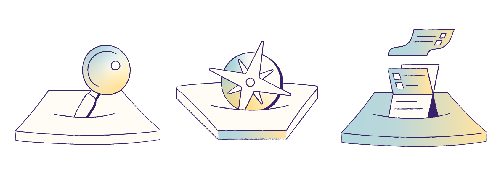 Une loupe, une boussole et un bloc de papier chacun sur leur support coloré alignés à l'horizontal