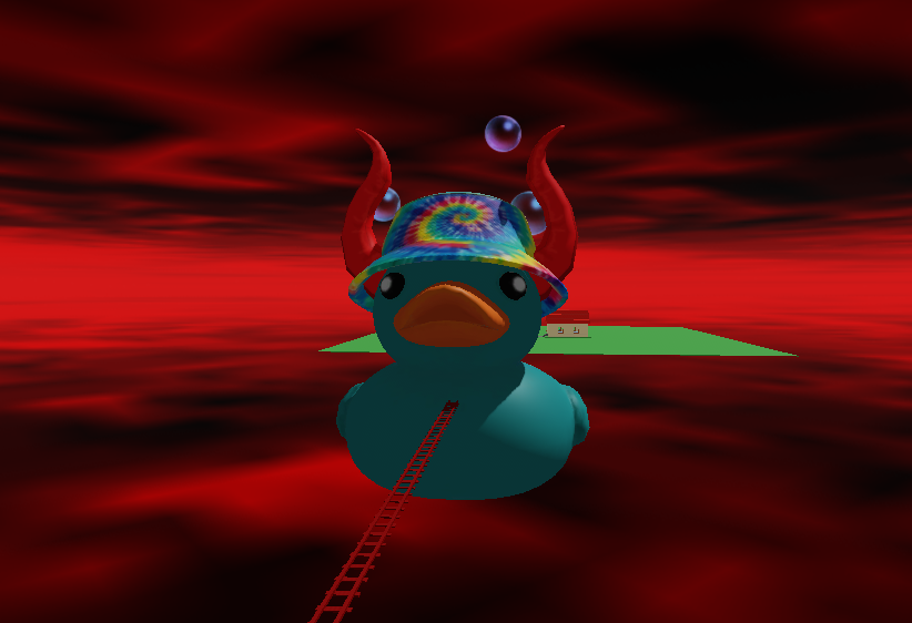 Cartoon rubber duck wearing a tie-dye hat and red devil horns, floating in a surreal red and black digital landscape with floating bubbles.