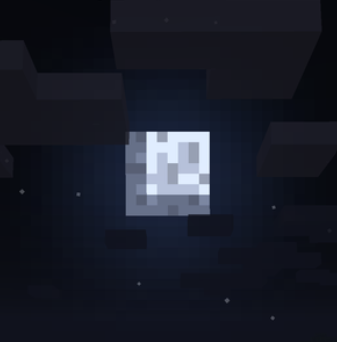 Pixelated image of the moon in space surrounded by dark clouds and stars.