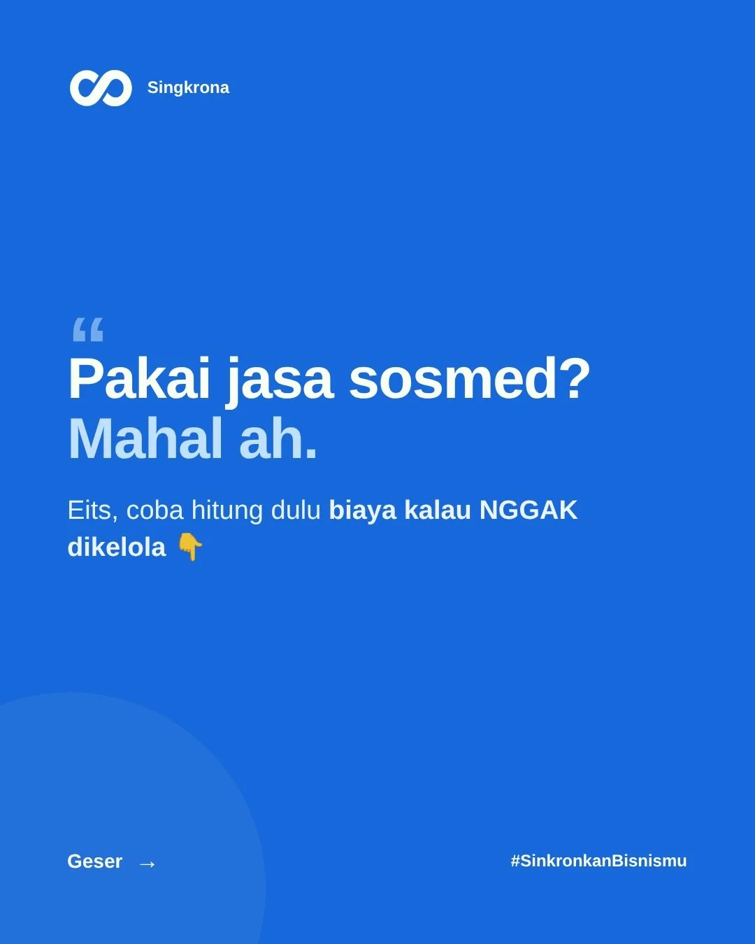 Sosmed yang dikelola dengan strategi yang bener = customer makin percaya, waktu kamu balik lagi, dan bisnis yang tumbuh terus.
Singkrona hadir buat bisnis yang udah capek trial-error sendiri.
Mulai dari paket yang ramah kantong UMKM &mdash; kita urus