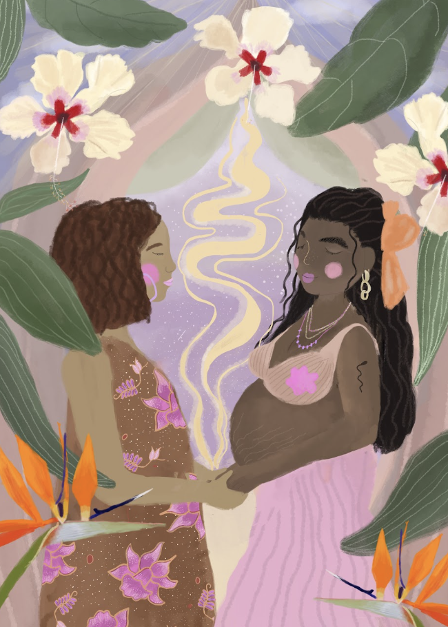 Twee vrouwen houden elkaars handen vast, omringd door grote groene bladeren, witte en oranje bloemen, en een abstracte achtergrond met sprankelende effecten. Ze stralen warmte en verbondenheid uit.