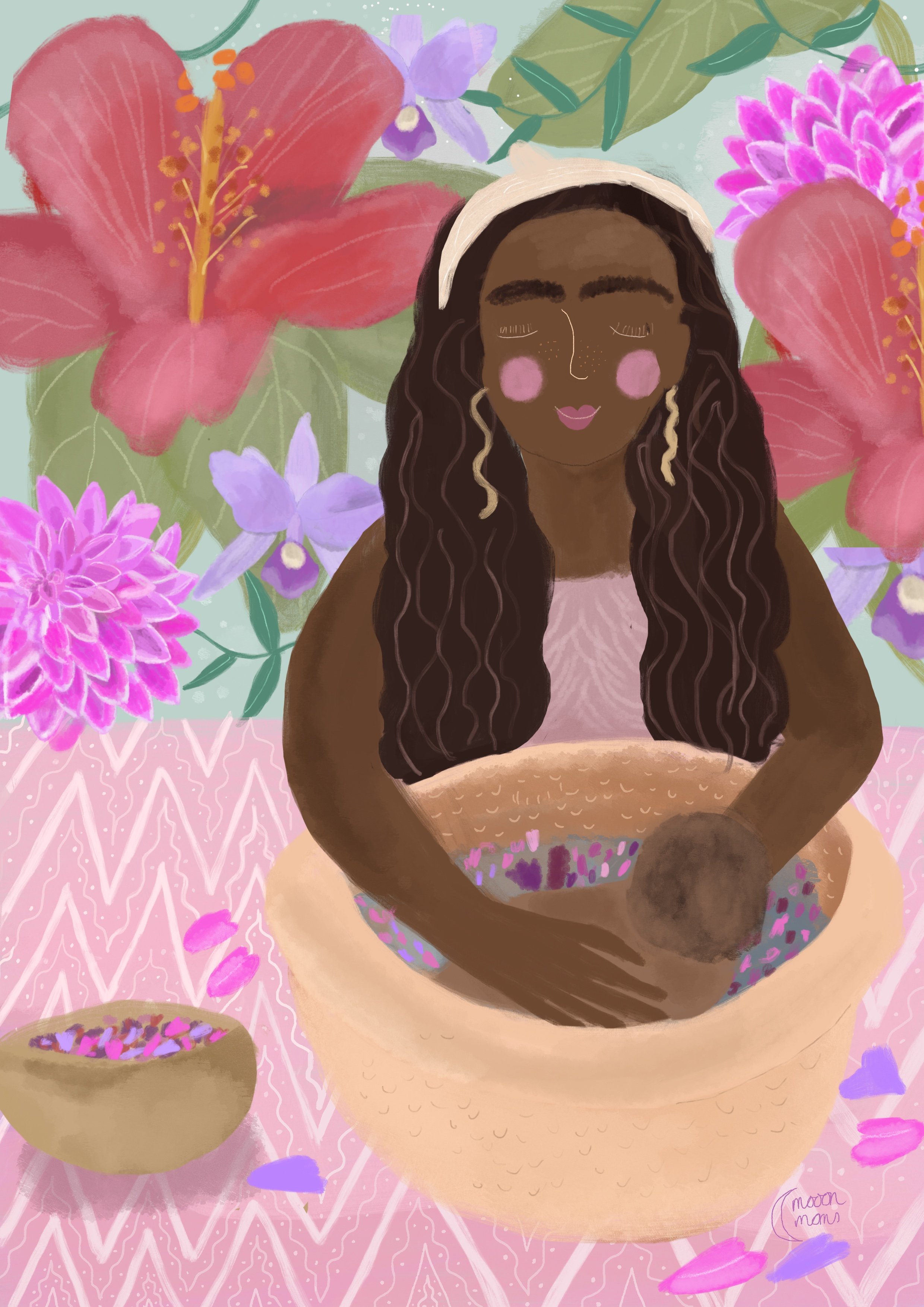 Een vrouw met lang, krullend haar in een bowl, omringd door grote kleurrijke bloemen en bladeren, met een achtergrond in pastel kleuren.