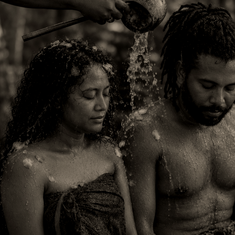 Twee mensen onder een waterdouche, een vrouw en een man, met gesloten ogen en een serene uitdrukking, tijdens een ritueel of ceremonie.