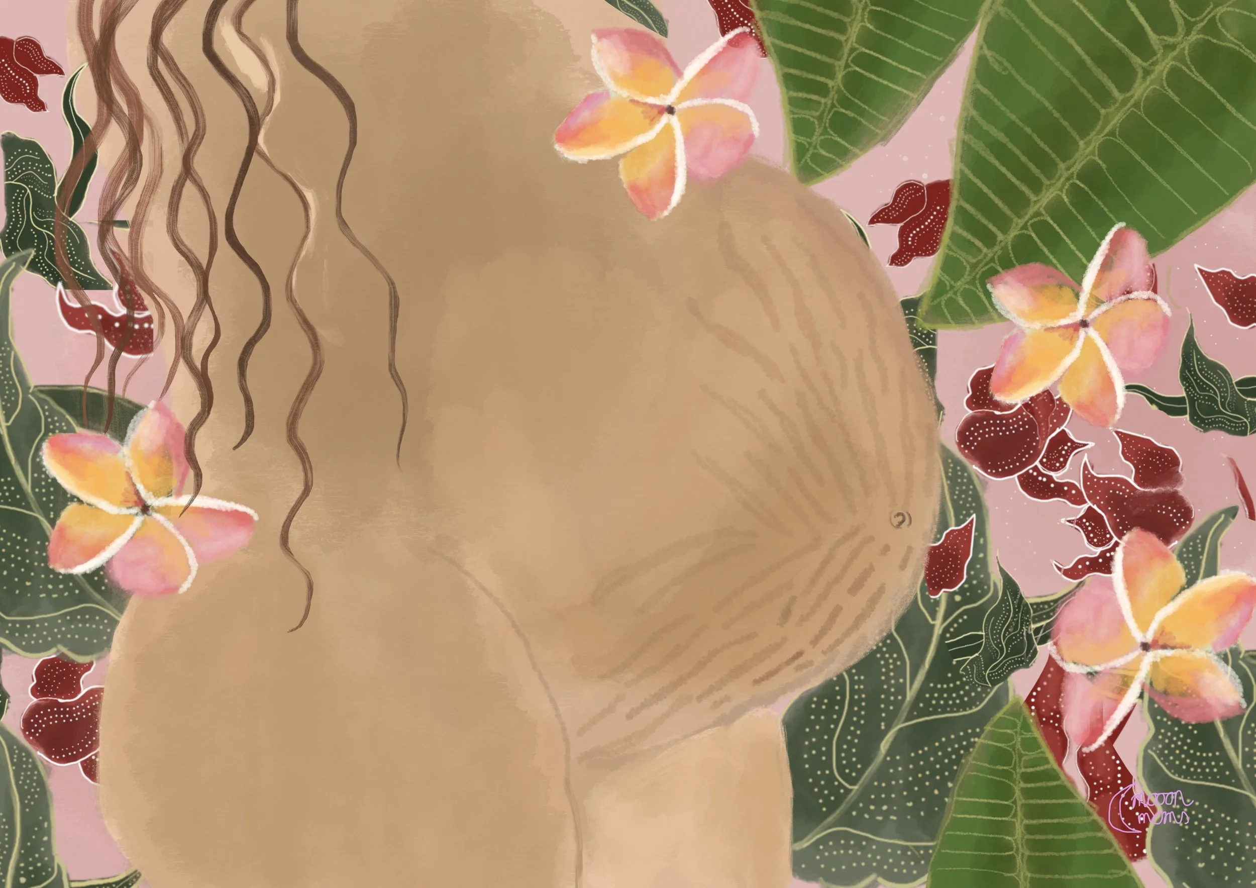 Een close-up van een persoon met lang, golvend haar, omringd door kleurrijke bloemen en grote groene bladeren.