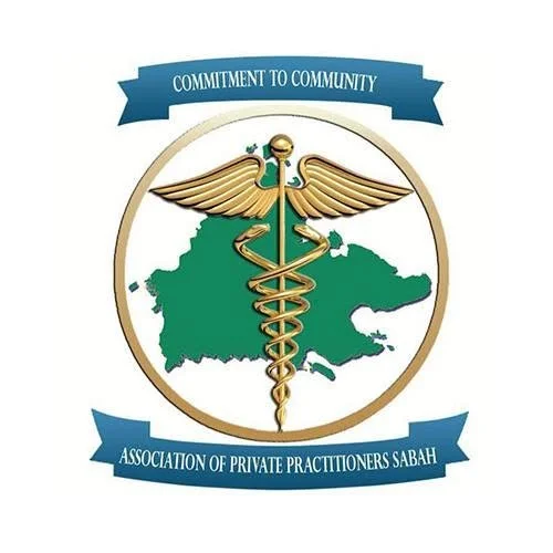 Logo with a caduceus symbol over a map of Sabah, surrounded by blue banners that read "Commitment to Community" and "Association of Private Practitioners Sabah."
