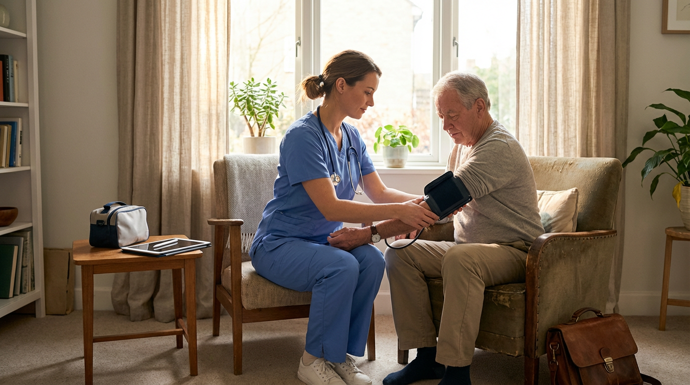 A nurse or healthcare worker in blue scrubs checking a blood pressure monitor on an elderly man sitting on a sofa in a living room, with a large window and houseplants in the background.