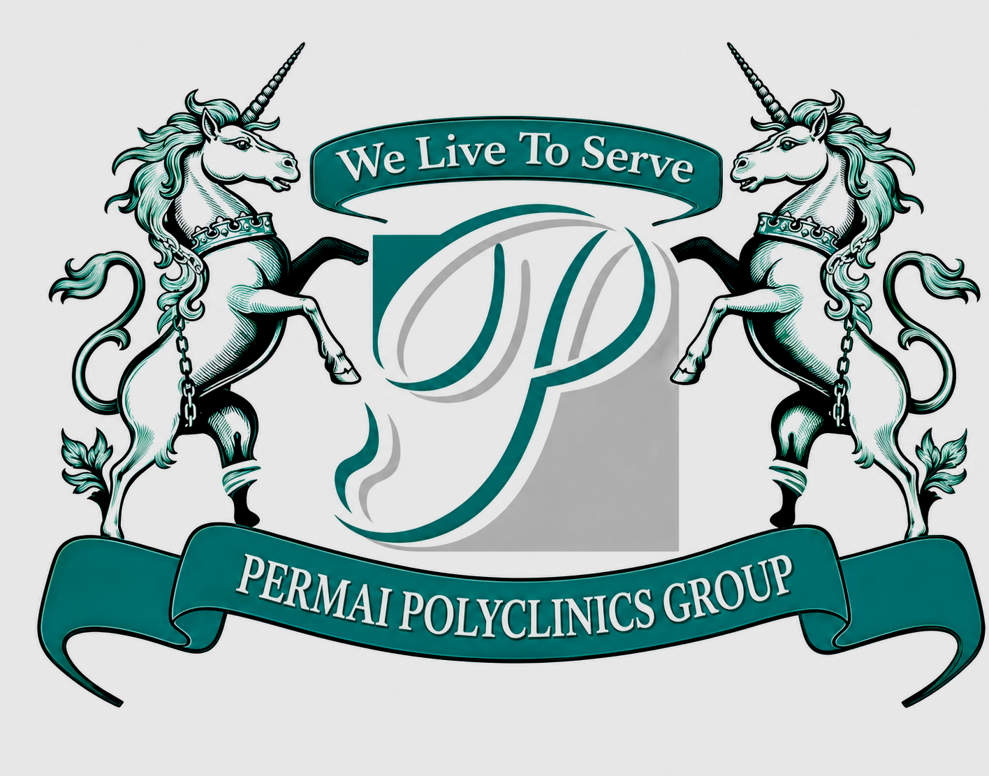 A logo for PERMAI POLYCLINICS GROUP featuring two unicorns holding up a shield with the text "We Live To Serve" and a stylized letter "P" in the center.