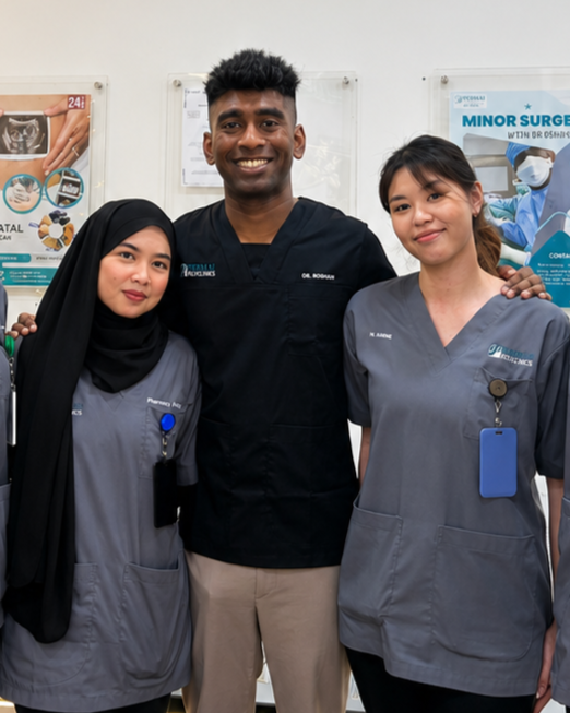 Three healthcare professionals, two women and one man, smiling and standing together in a medical setting.
