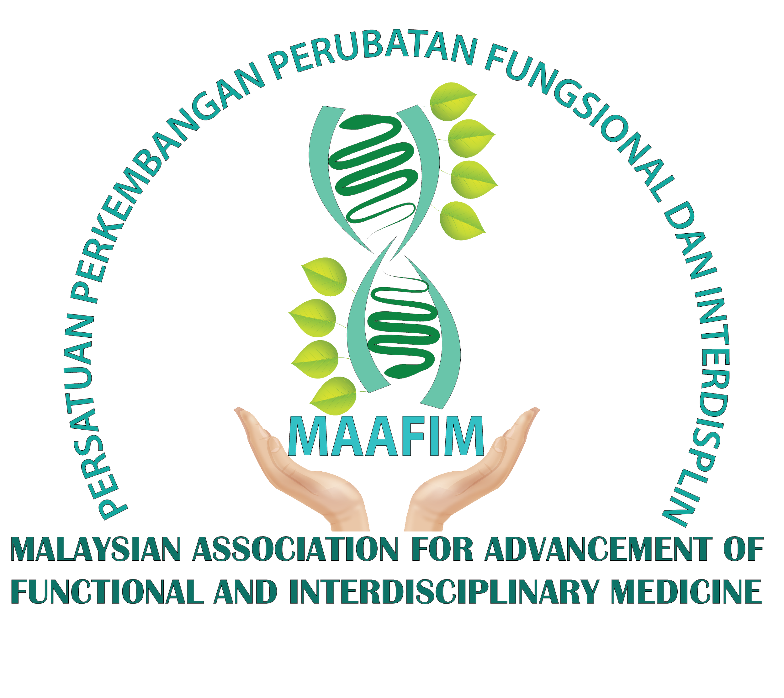 The logo of the Malaysian Association for Advancement of Functional and Interdisciplinary Medicine featuring a DNA strand with green leaves and hands.