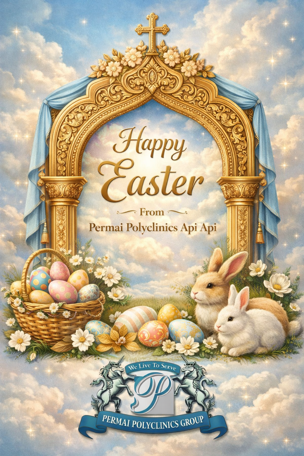 Easter greeting card with a golden ornate arch, blue drapes, white daisies, colorful decorated Easter eggs, and two bunnies, under a sky filled with clouds and stars. Text reads: 'Happy Easter from Permai Polyclinics Api Api' and a logo with two unicorns and the slogan 'We Live To Serve'.