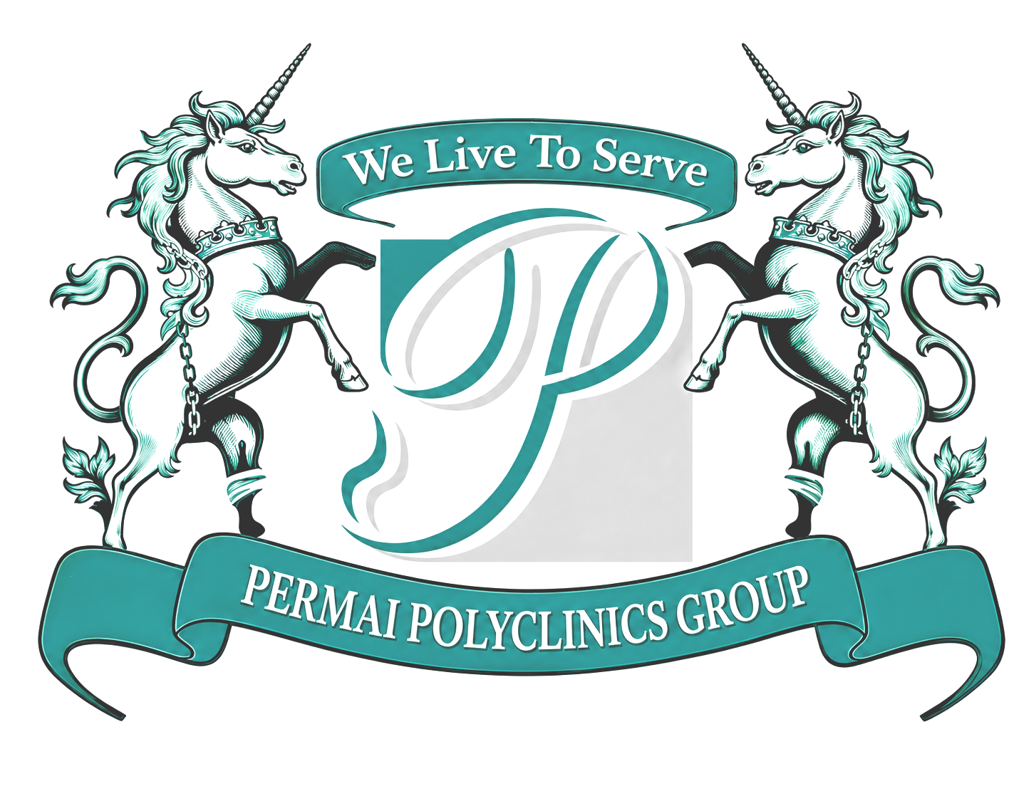 Logo for PERMAI POLYCLINICS GROUP featuring two unicorns holding a shield, with a banner that reads "We Live To Serve" and a stylized letter "P" in the center.