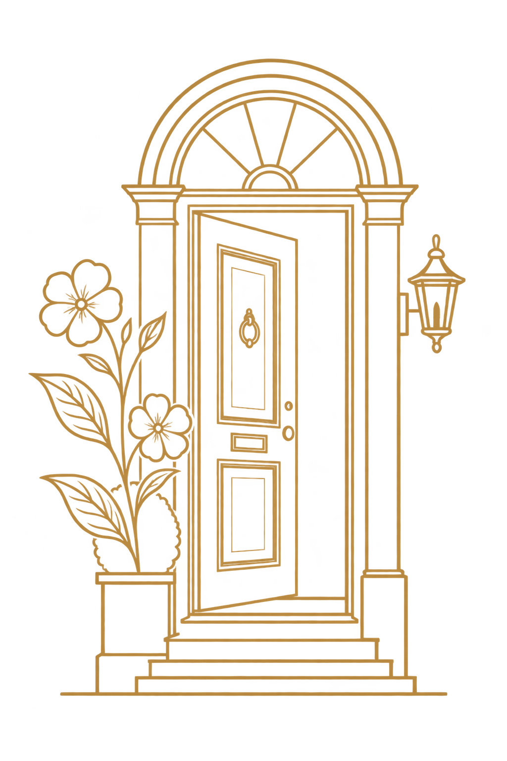 A decorative, gold-colored vintage-style door with an arched top, accompanied by a matching lantern-style wall sconce on the right, and leafy plant decor on the left.