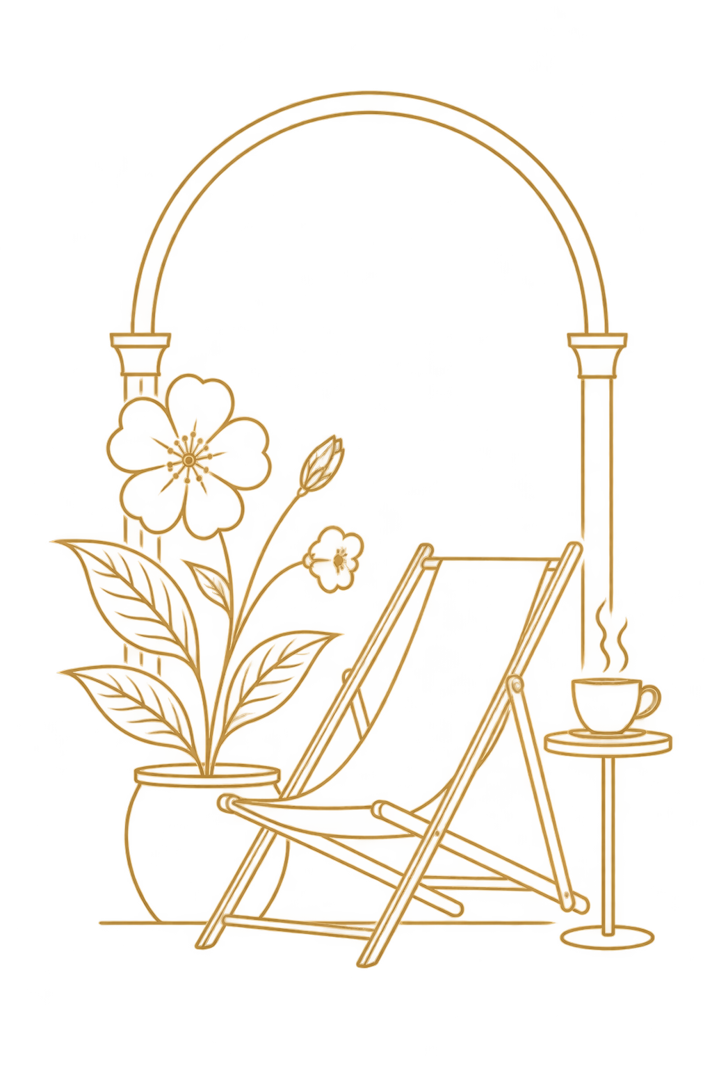 Gold outline illustration of a cozy outdoor patio scene with a potted plant, a lounge chair with an open book, a steaming cup of coffee or tea on a small table, and an arched trellis with flowers in the background.