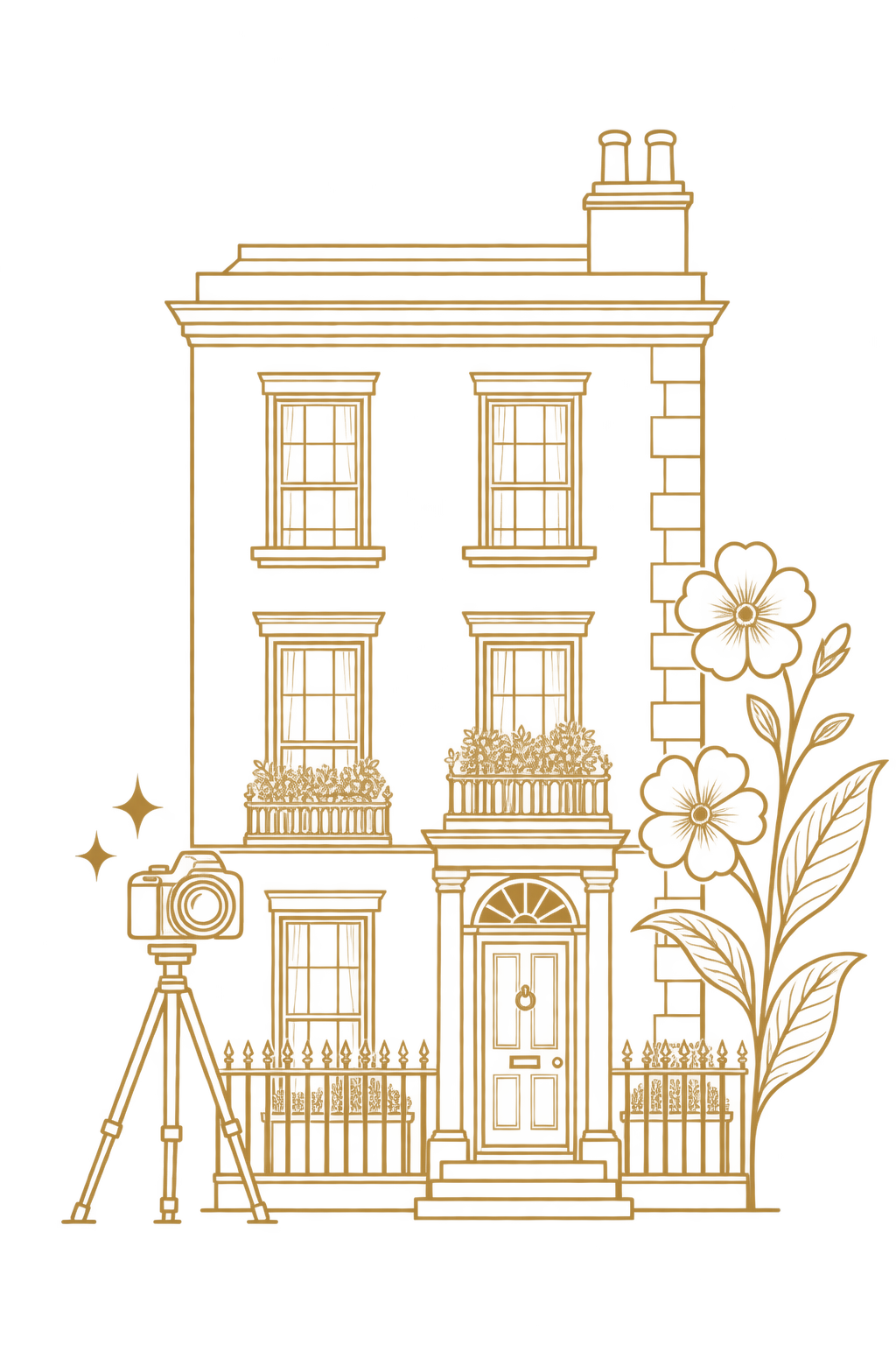 An outline of a multi-story Victorian house with intricate architectural details and a gabled roof, shown in a gold color.