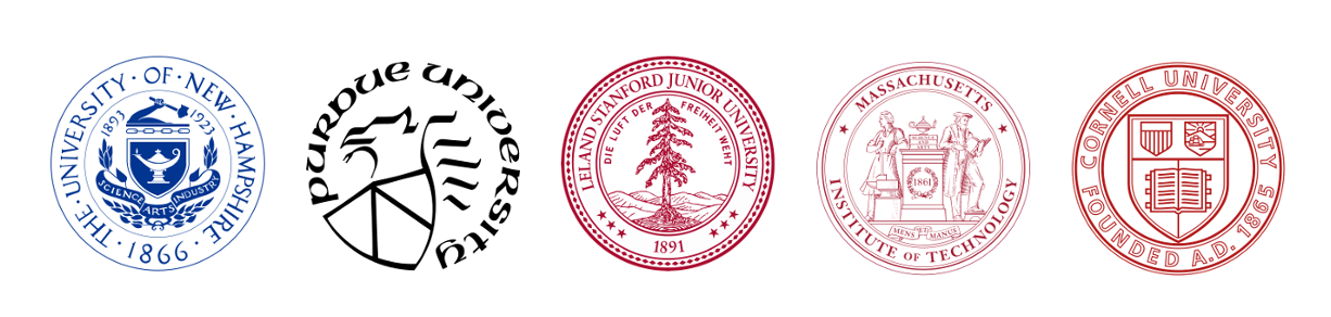 The logos of five universities: University of New Hampshire, Paradigm University, Ireland Stanford Junior University, Massachusetts Institute of Technology, and Cornell University.