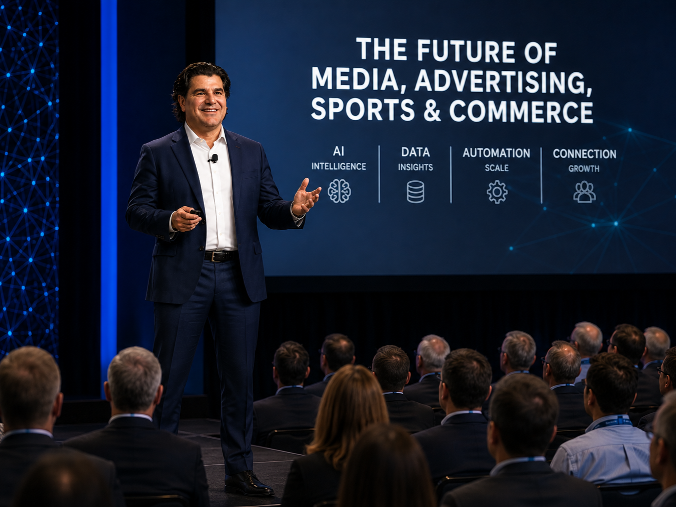 A man in a dark suit giving a presentation in front of an audience at a conference about media, advertising, sports, and commerce, with a large screen behind him displaying the title and key topics.