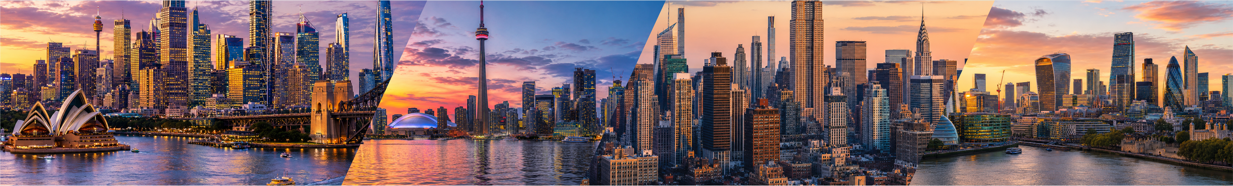 Collage of New York City skyline with iconic buildings including the Empire State Building, One World Trade Center, and Brooklyn Bridge, shown during sunset and evening.