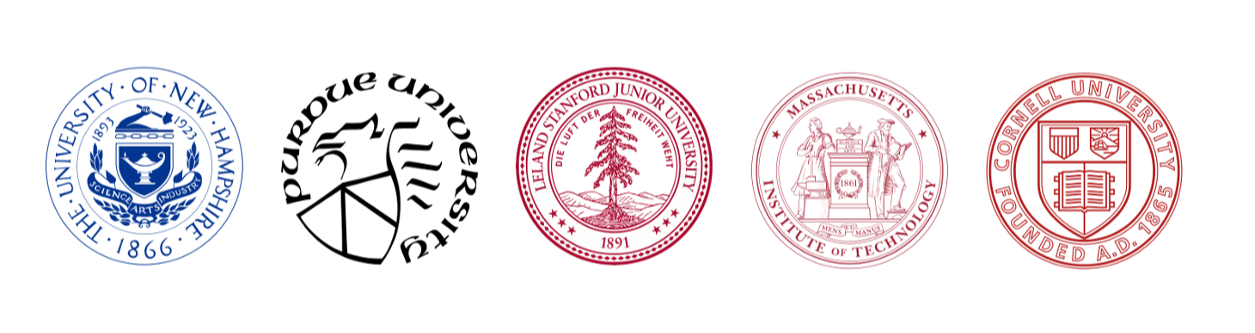 Five university seals from the United States, including New Hampshire, Pennsylvania, Stanford, Massachusetts, and Cornell.