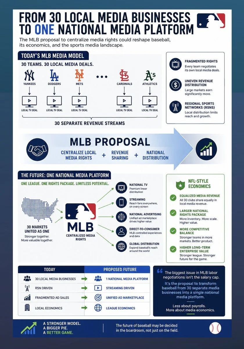 An infographic showing the transition from 30 local media businesses to one national media platform for Major League Baseball, highlighting the current media model, proposal for centralized rights, and future plans including a unified national media platform and expanded digital reach.