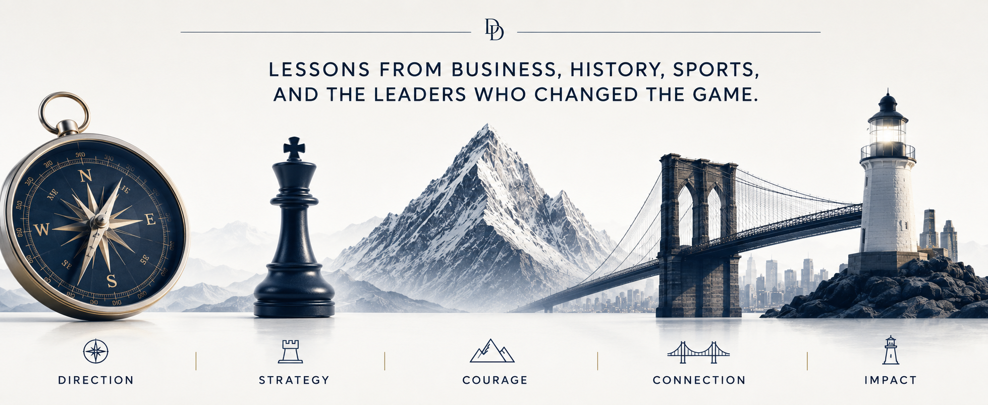 A graphic with a compass, a chess king, a mountain, a bridge, and a lighthouse, with the text "Lessons from business, history, sports, and the leaders who changed the game," along with icons labeled Direction, Strategy, Courage, Connection, and Impact.
