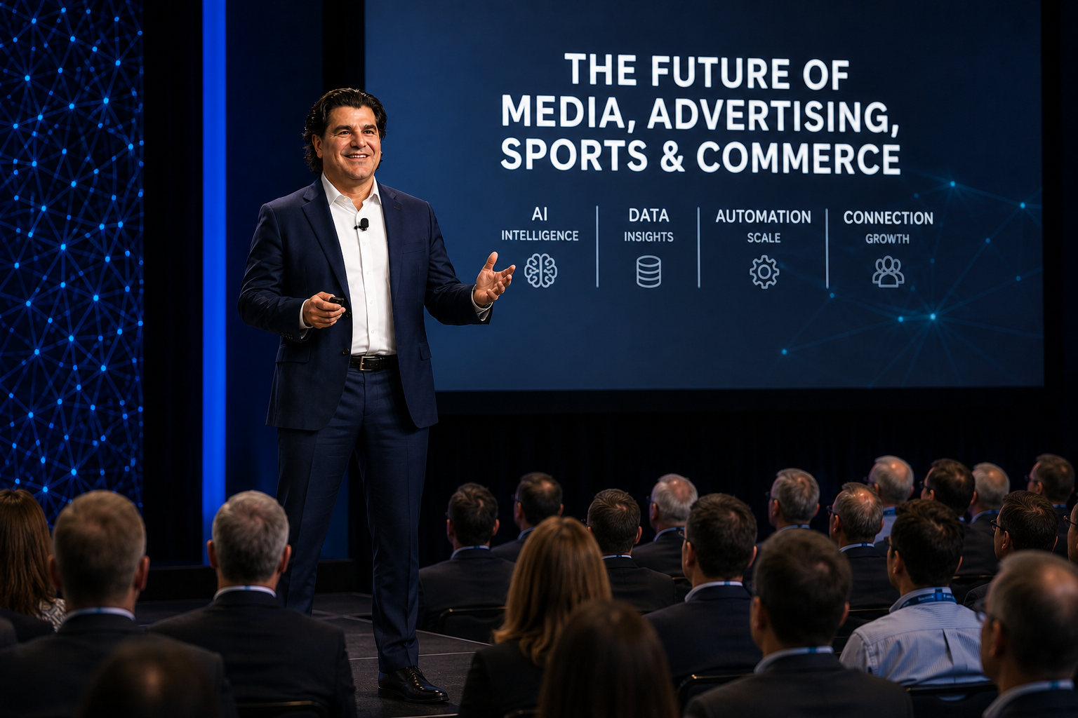 A professional man in a navy suit giving a presentation on stage to an audience at a conference. The slide behind him reads 'The Future of Media, Advertising, Sports & Commerce' and highlights AI, Data, Automation, and Connection.