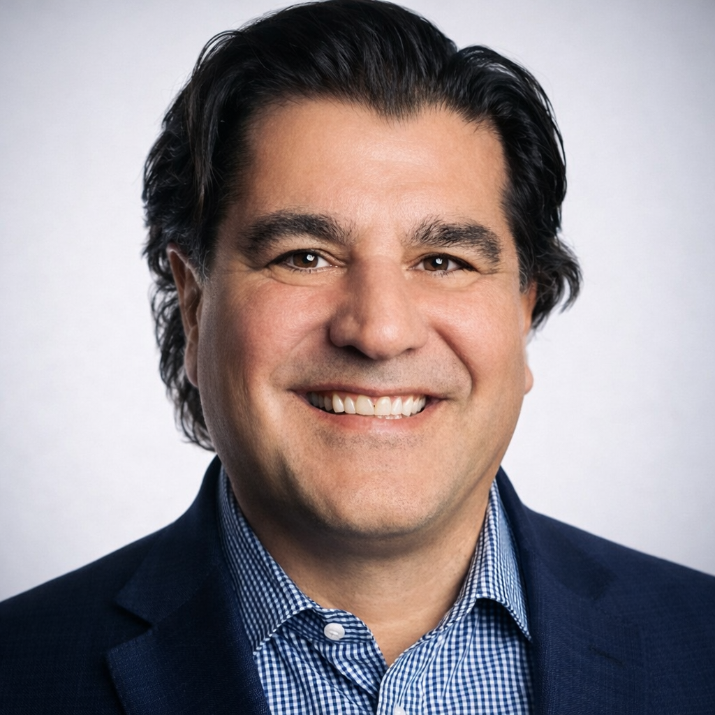 Professional headshot of a smiling man with dark hair, wearing a suit jacket and checkered shirt against a plain background.