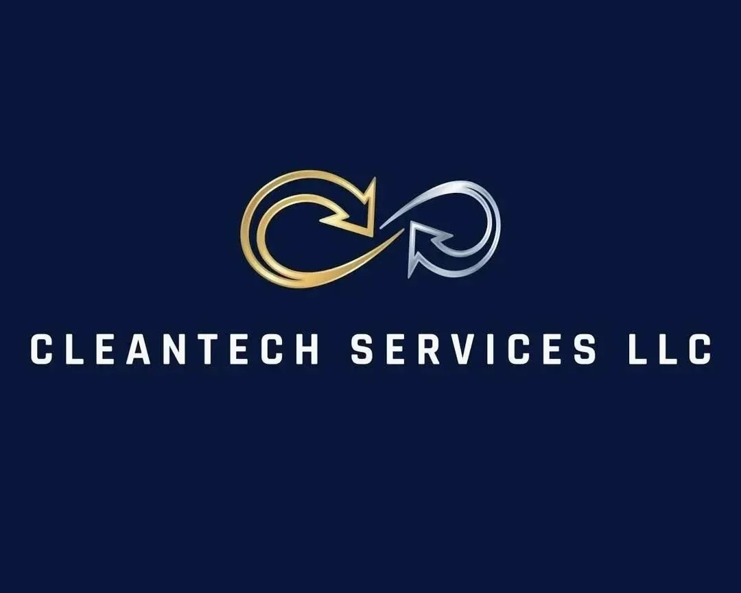Logo for Cleantech Services LLC with two circular arrows, one gold and one silver, on a dark blue background.