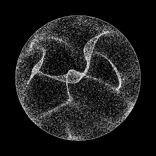 A circular digital art piece featuring a white, abstract, scratch-like pattern on a black background.