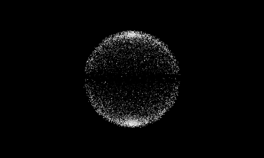 A digital illustration showing a sphere made of tiny white particles on a black background.