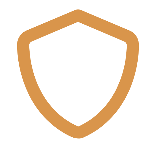 Shield icon with an orange outline on a black background.