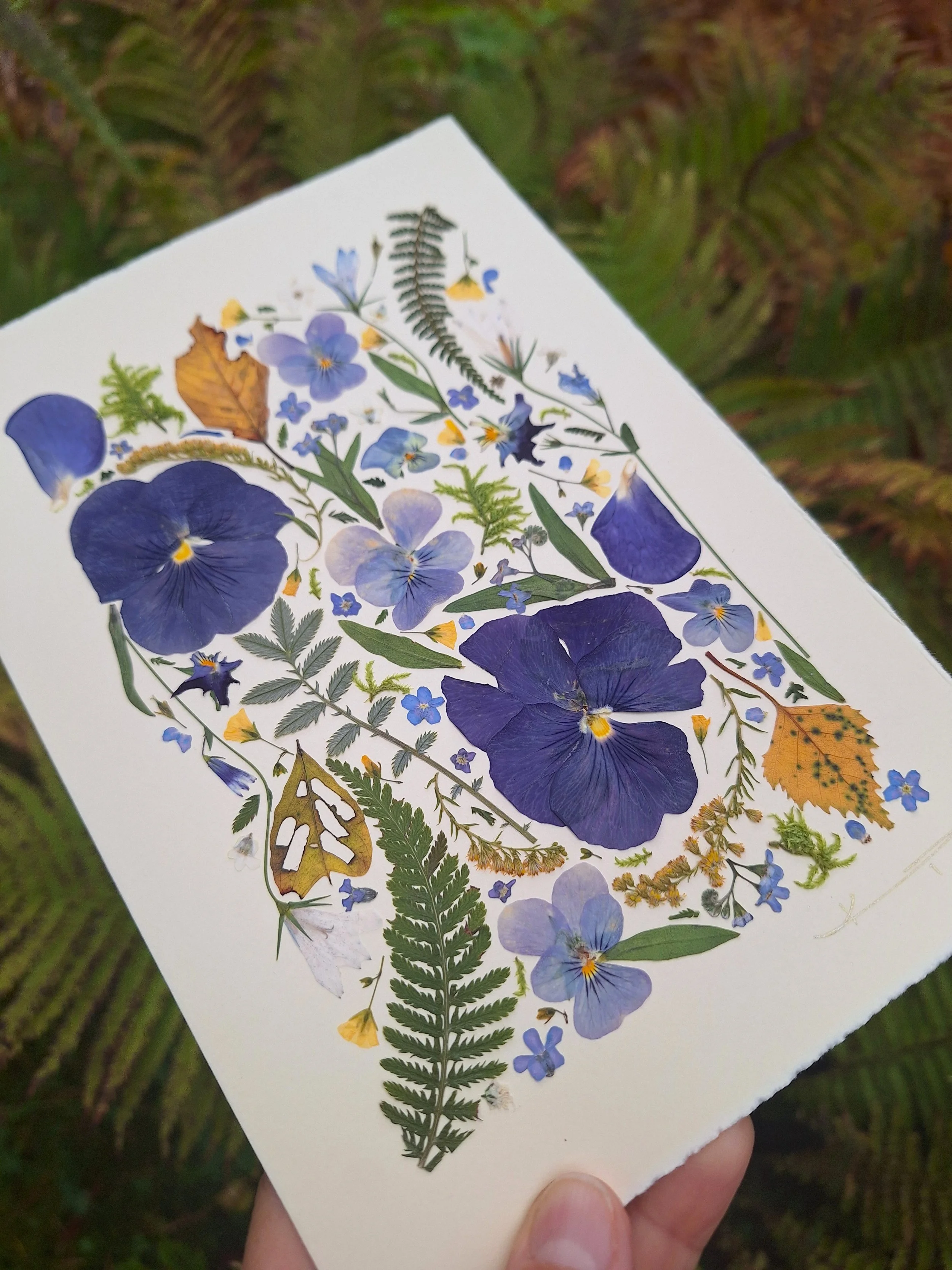 Kai Lillekaardid handmade seasonal greeting card titled The Indigo Equinox, featuring indigo pressed pansies, yellow autumn leaves, and green ferns displayed on a small wooden easel in nature.