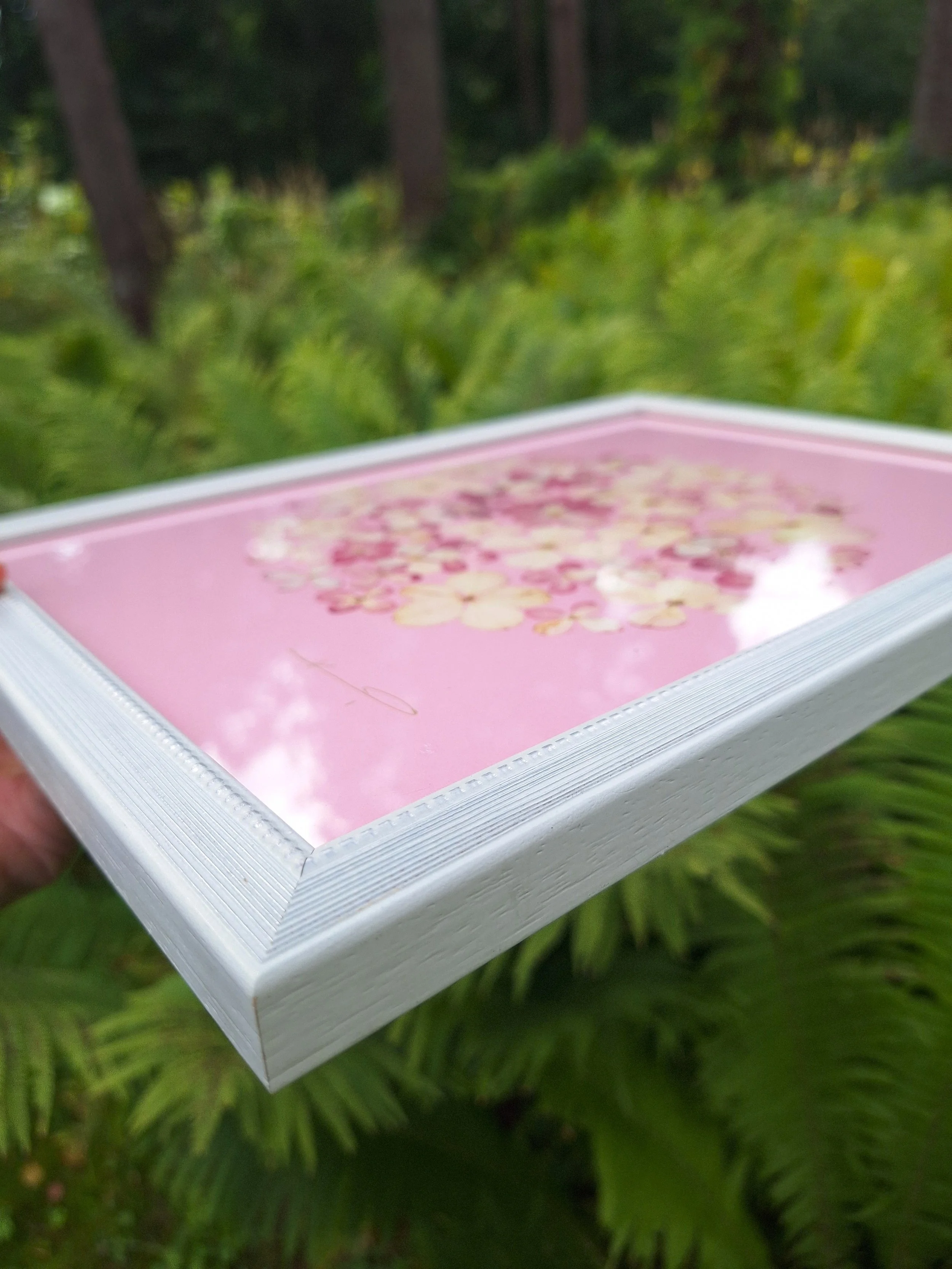 A light circle of real pressed hydrangea petals in deep purple, pink, and white tones centered on a soft pink background within a modern silver frame.