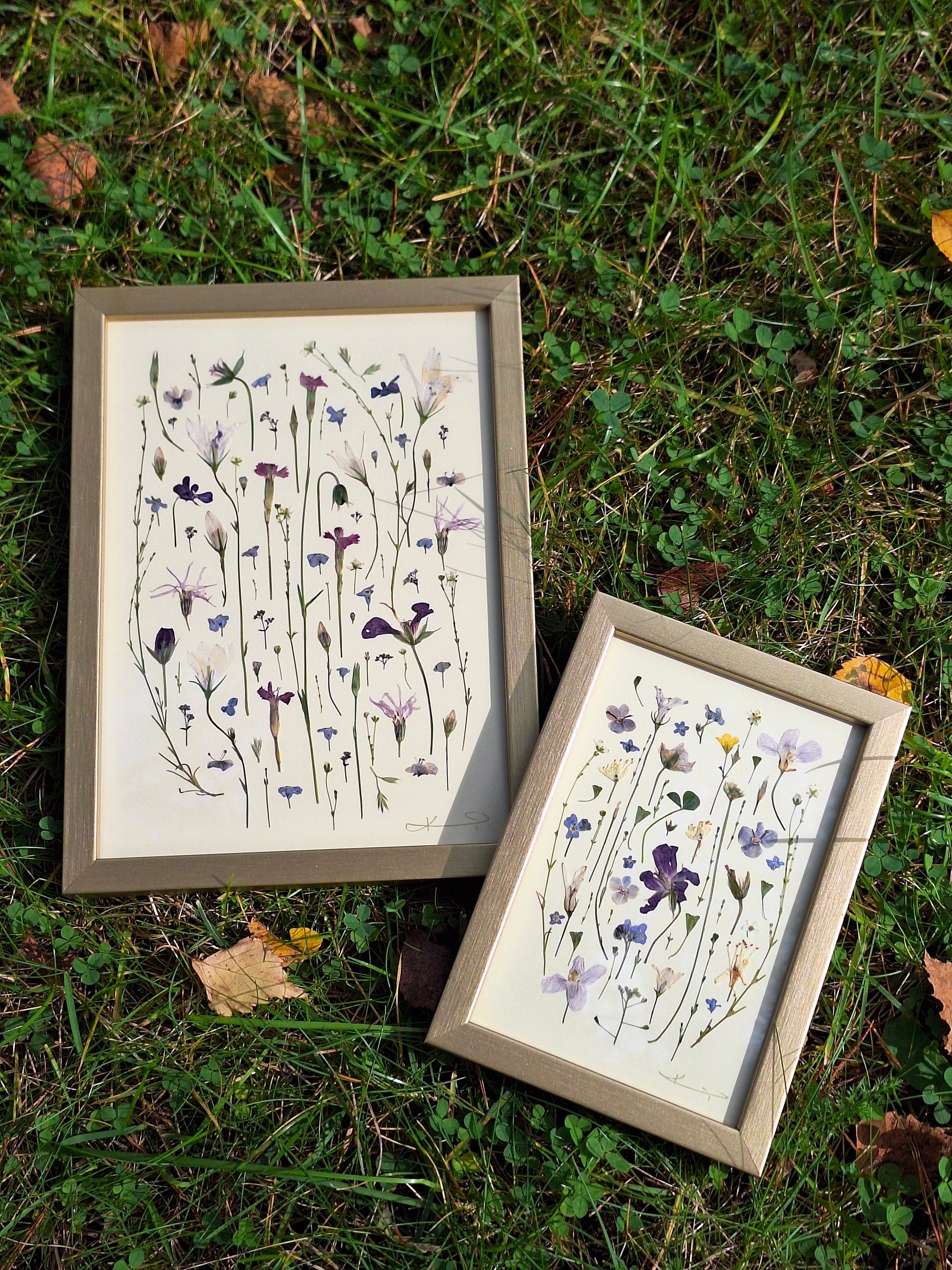 Vertical botanical composition of real pressed wildflower stems in purple and blue tones, showcased inside a sleek, polished metallic gold frame.