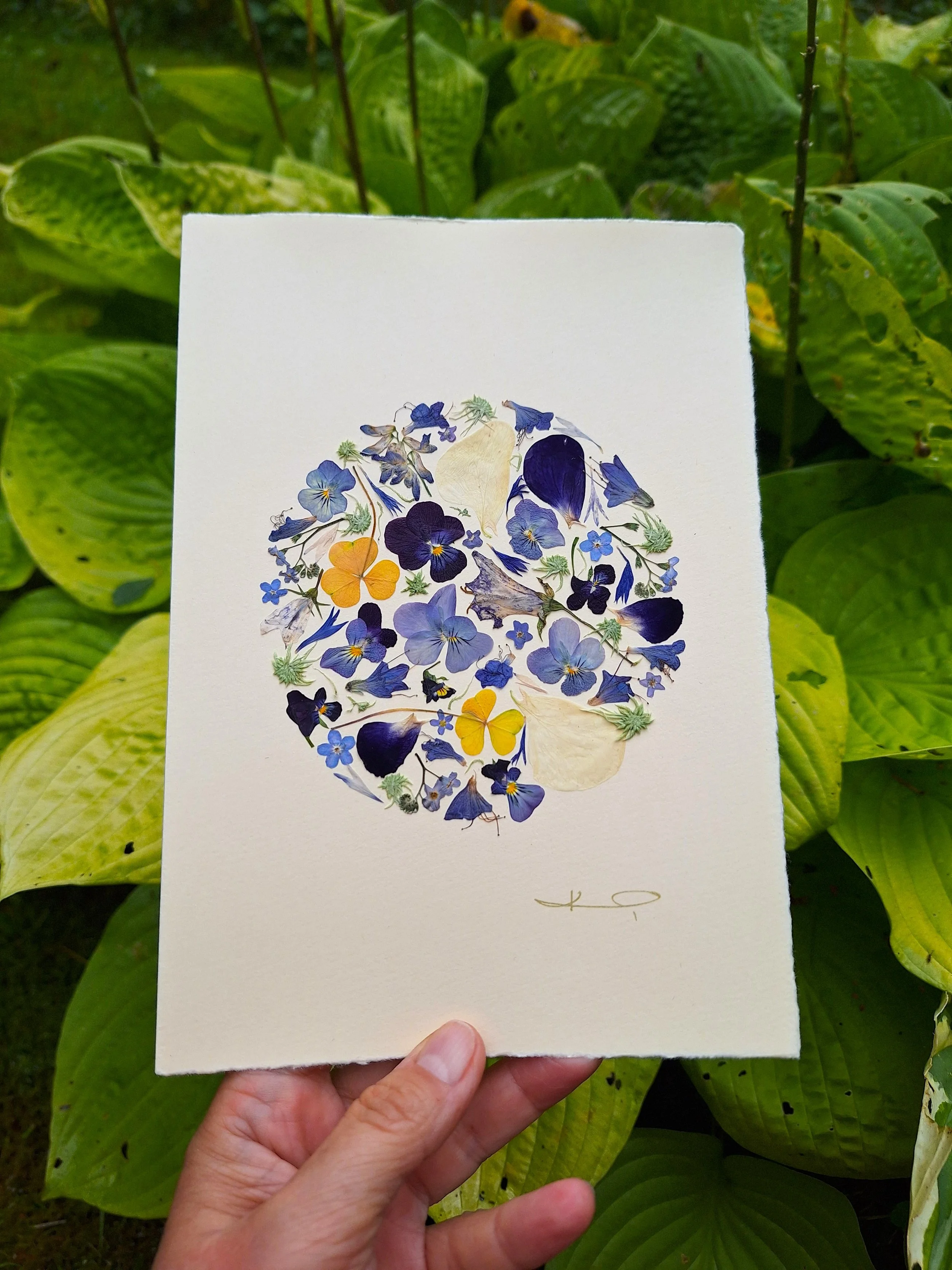Close-up of a handmade greeting card by Kai Lillekaardid showcasing a circular pressed flower mosaic with light blue flowers, midnight violet petals, and yellow accents on premium cream paper.