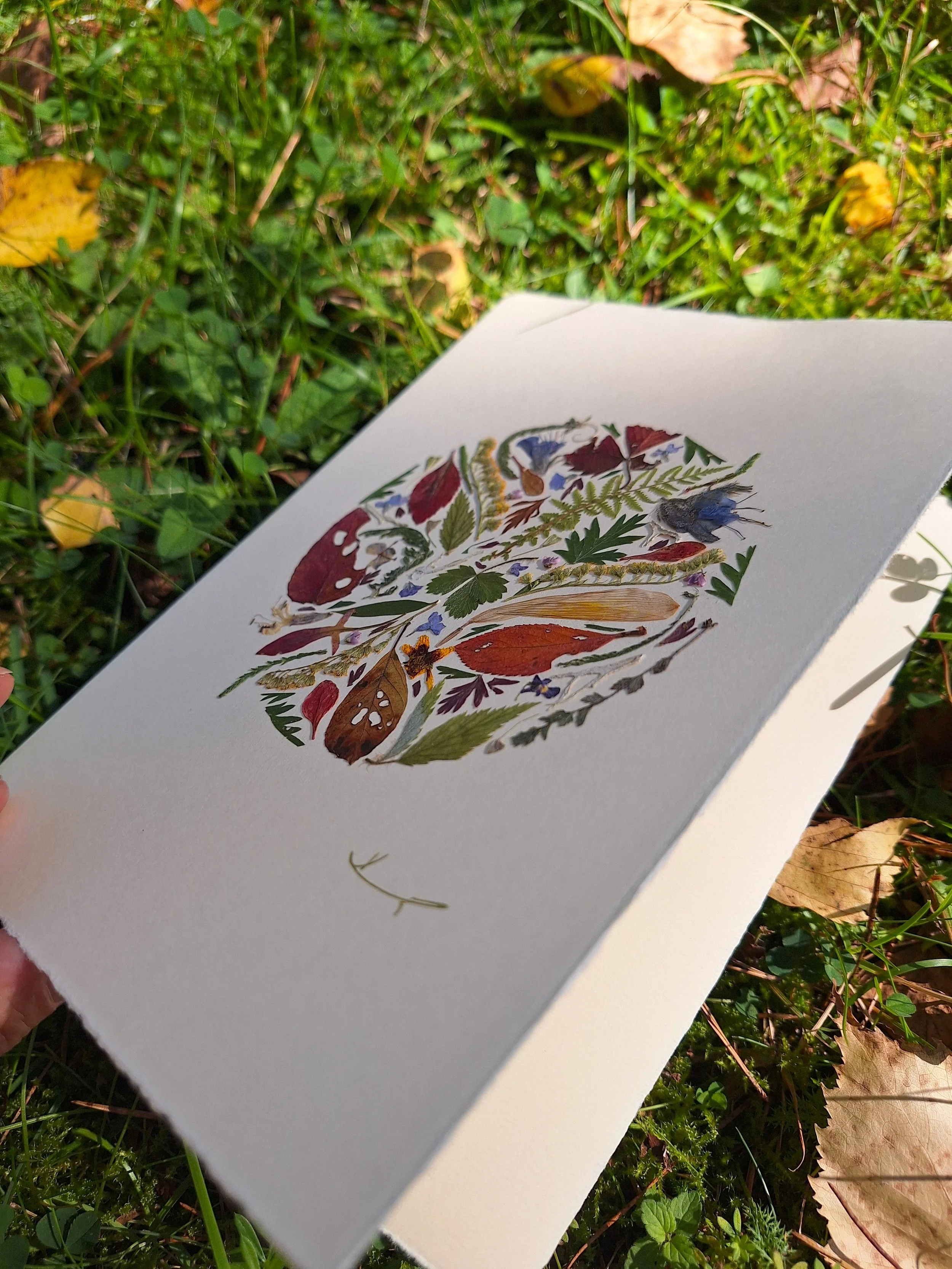 Side angle view of an authentic pressed leaf greeting card by Kai Lillekaardid showing an intricate circular arrangement of autumn ferns, green leaves, and brown foliage on handmade paper.