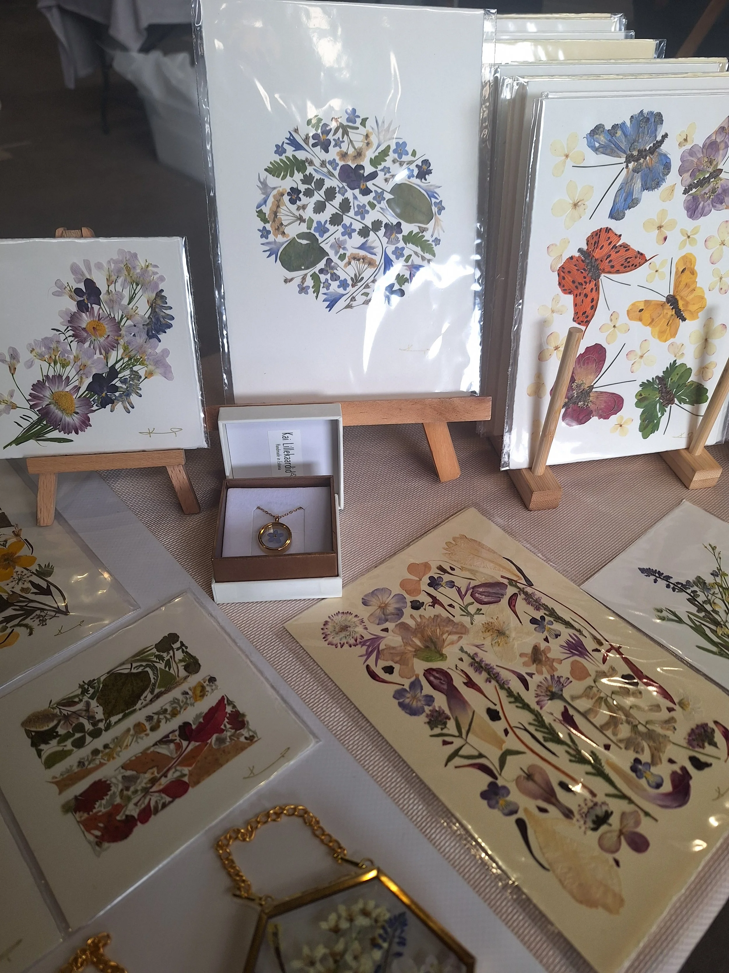 Display of botanical artwork and jewelry, featuring framed pressed flowers and butterfly illustrations on stands.