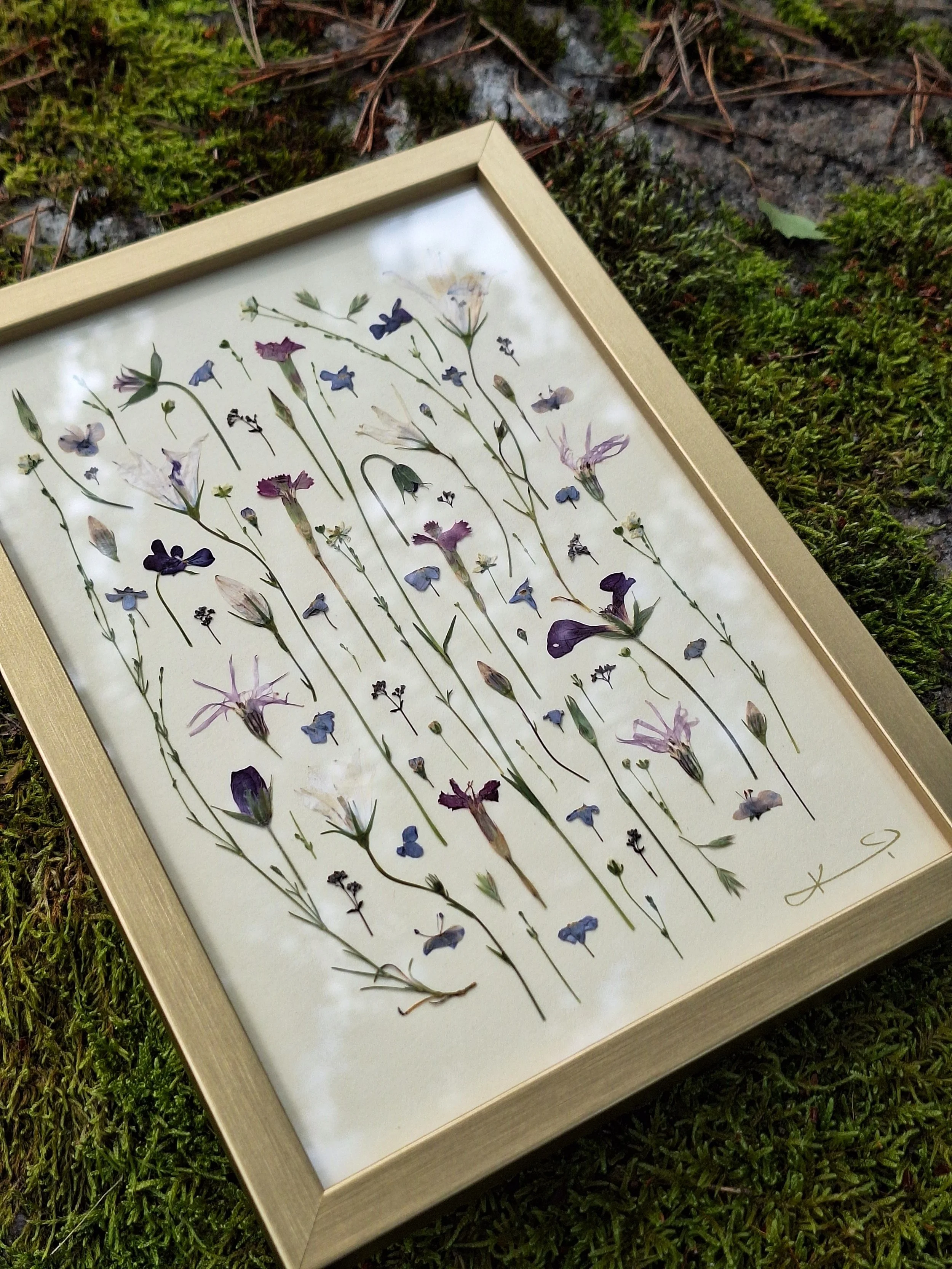 Vertical botanical composition of real pressed wildflower stems in purple and blue tones, showcased inside a sleek, polished metallic gold frame.