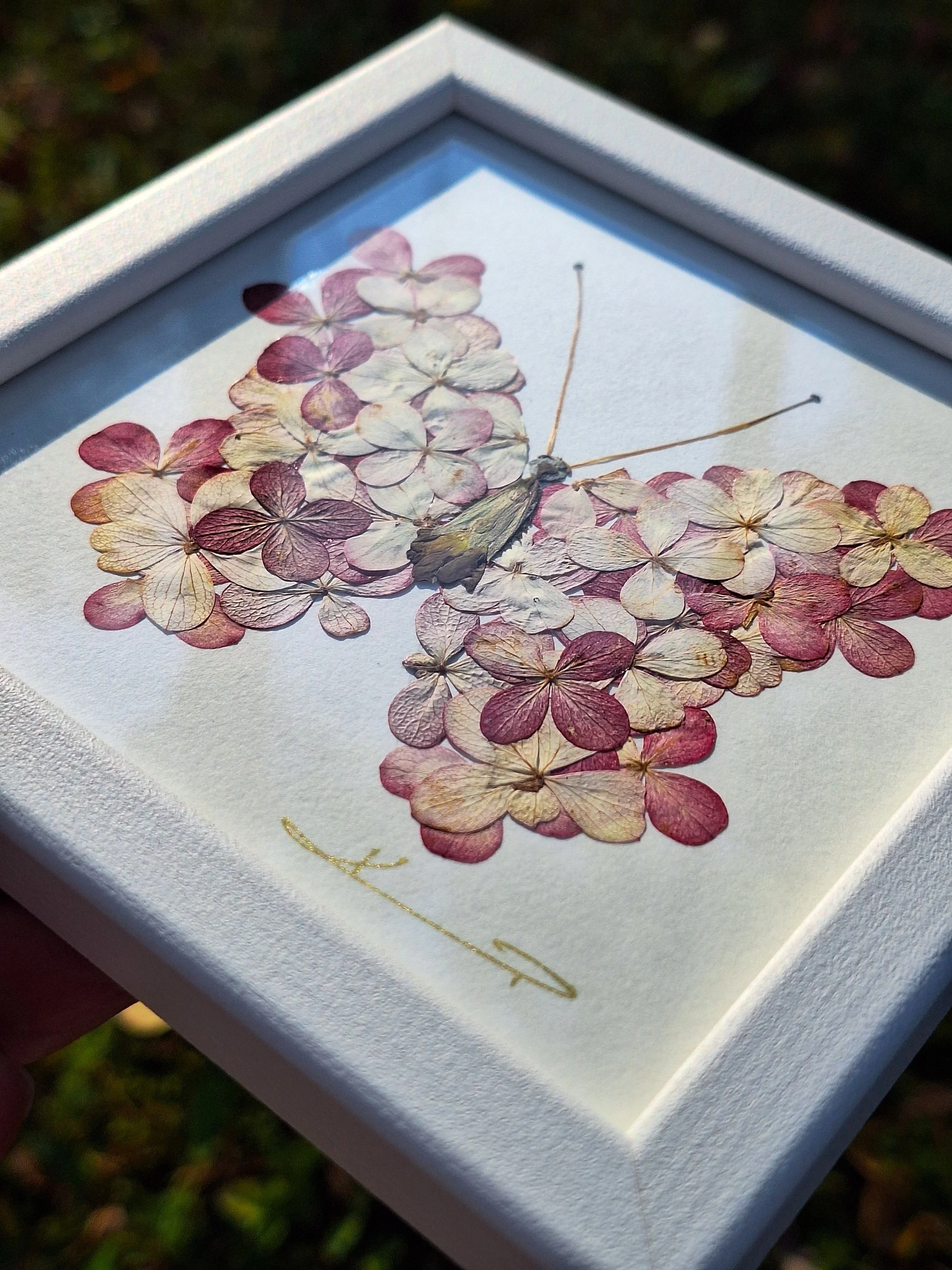 Kai Lillekaardid handmade botanical wall art showing a square white frame with a romantic butterfly mosaic made from real pressed mauve and pink hydrangea petals.