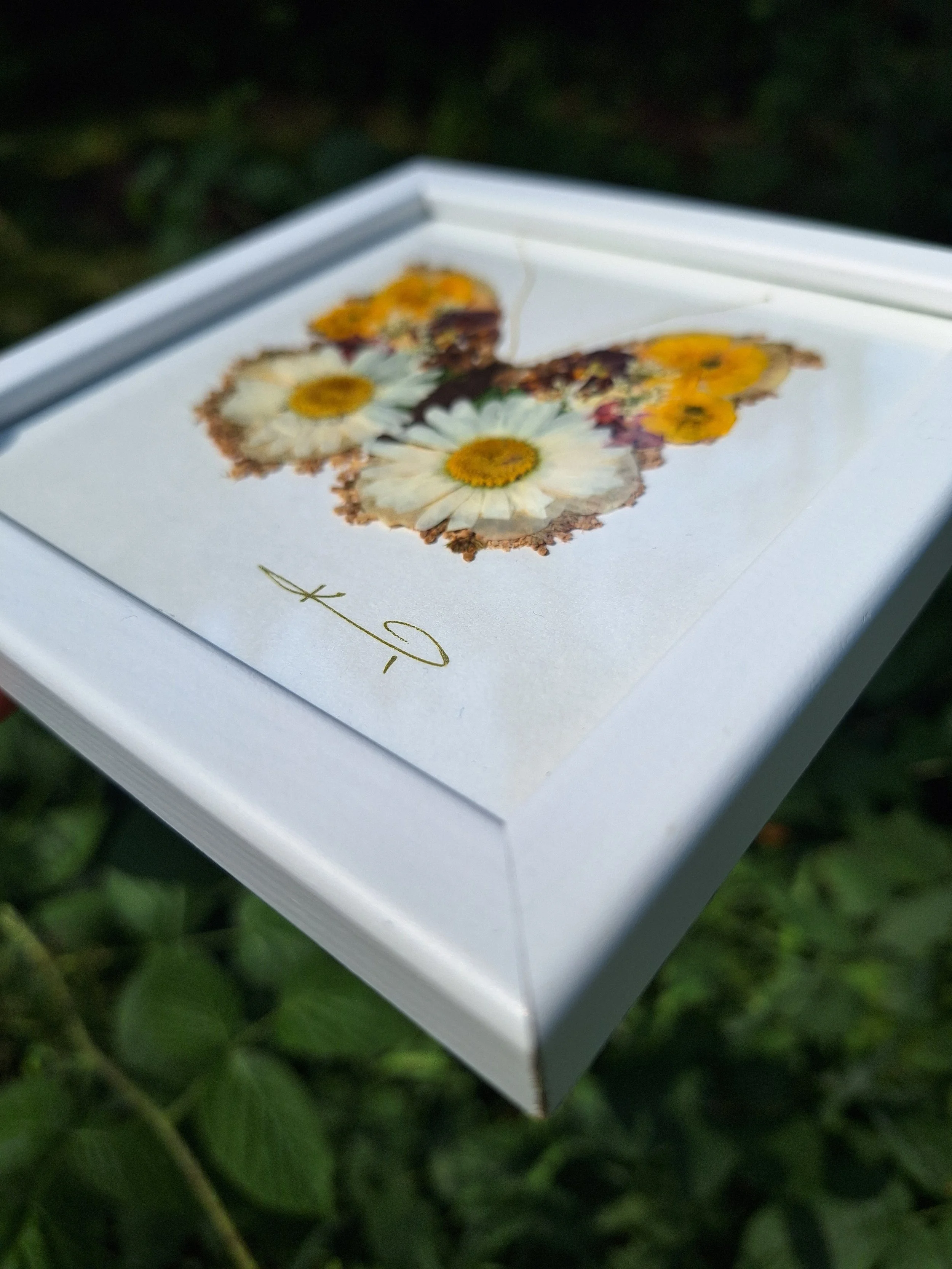 An intricate butterfly mosaic silhouette created entirely from real pressed flower petals, beautifully displayed inside a high-quality white frame.