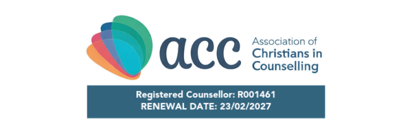 Image of an ACC (Association of Christians in Counseling) certificate displaying certification details, including the registered counselor number R001461 and renewal date February 23, 2027. The ACC logo features overlapping multicolored shapes.