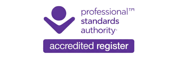 Logo for professional standards authority with a purple icon and text stating 'accredited register'.