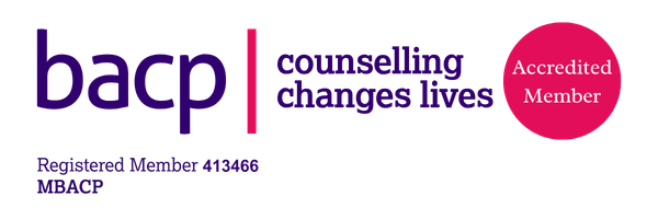 BACP logo with tagline 'counselling changes lives' and a pink circle indicating 'Accredited Member'.