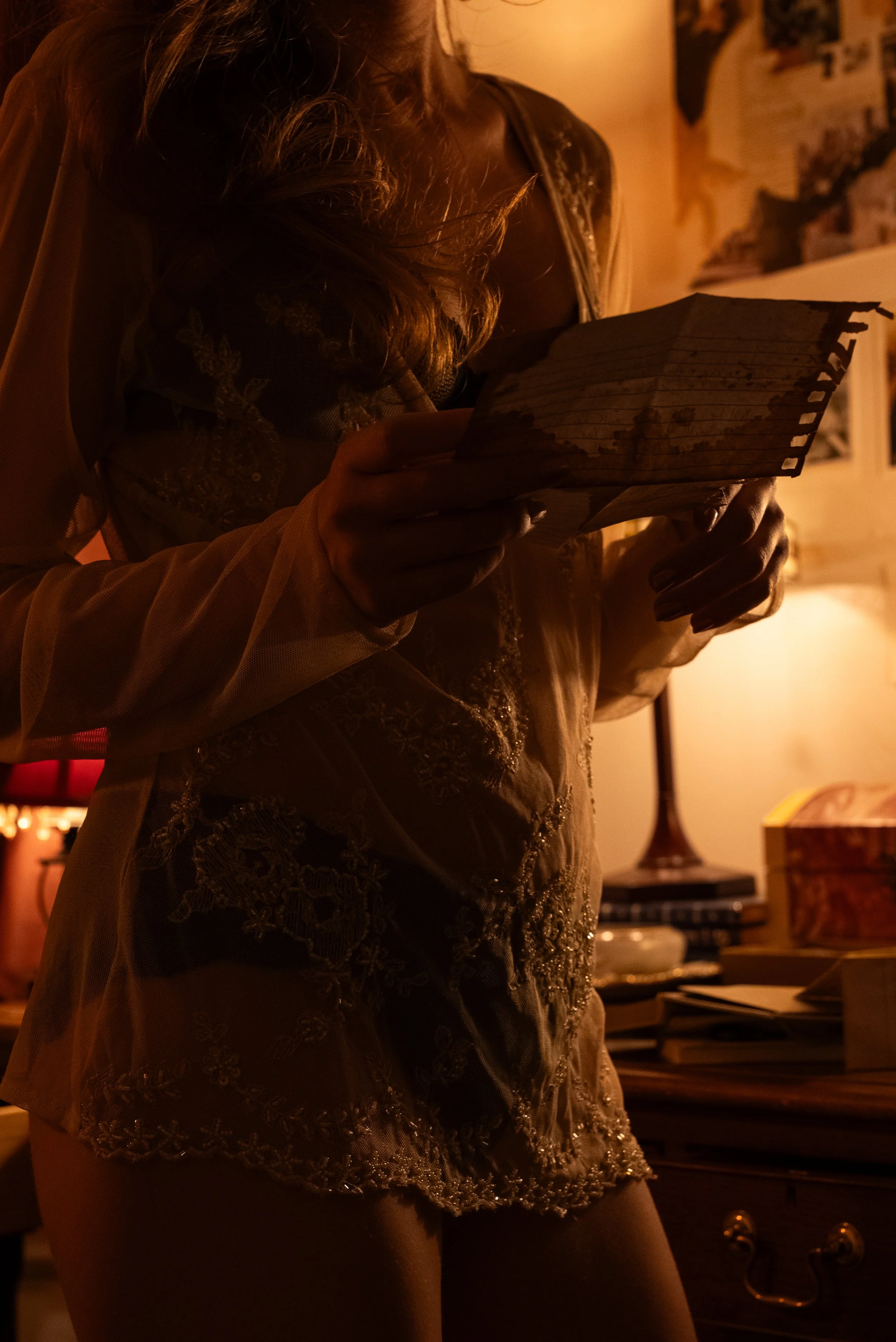 Woman in vintage sheer lace dress holding open notebook close to her face, obscuring features, warm moody amber lighting
