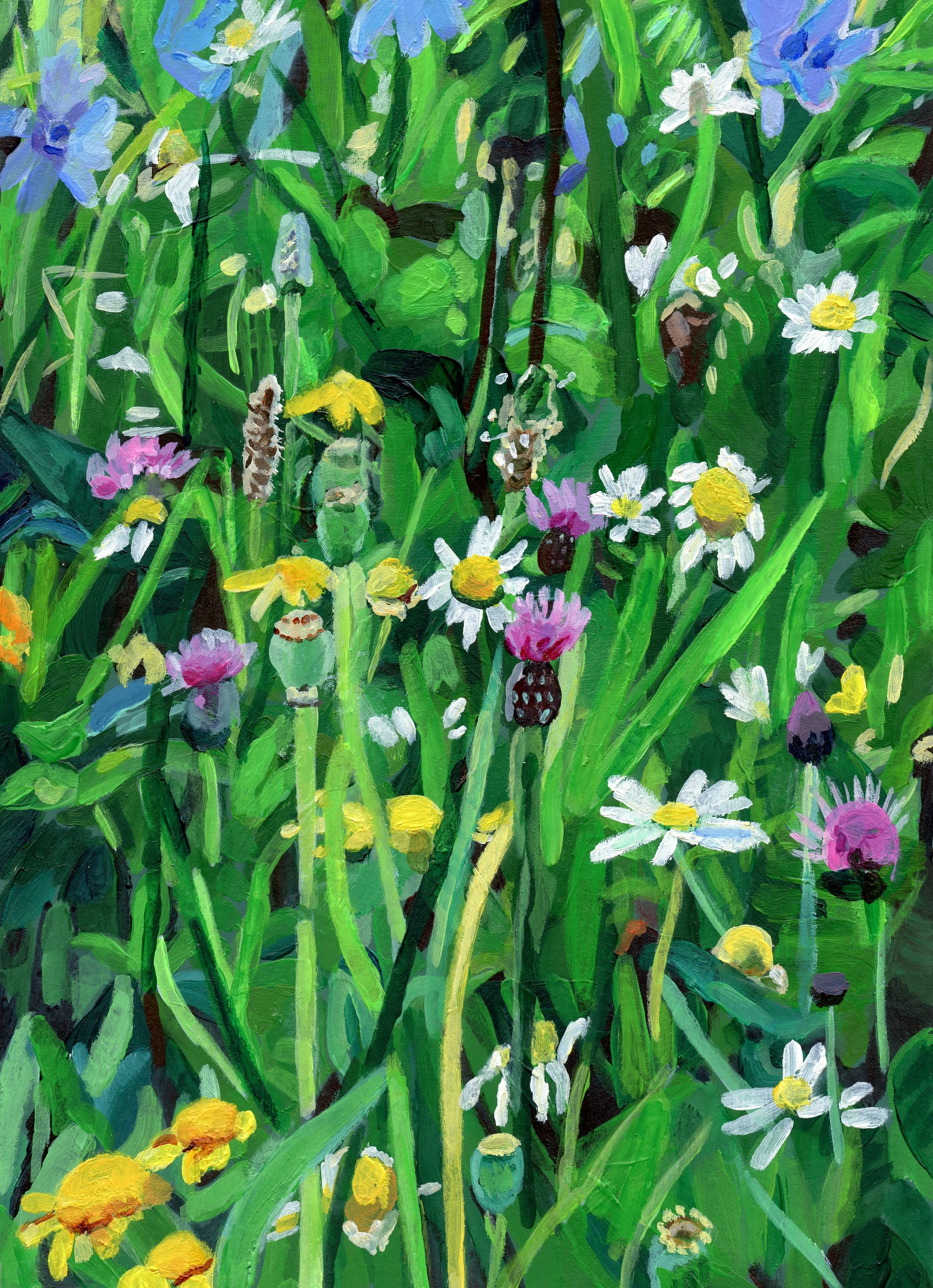 A vibrant painting of a lush garden with various wildflowers, including daisies, with long green grass and stems, created in an impressionistic style.